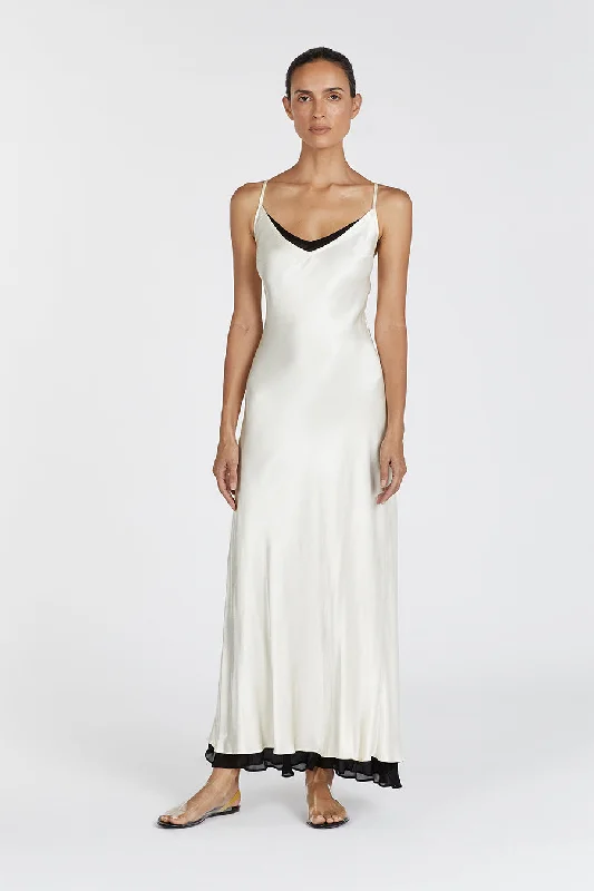 FAY CREAM SATIN V NECK SLIP MAXI DRESS Stylish Maxi Dress with Frills