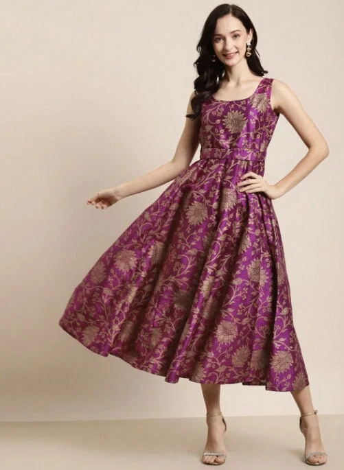 Floral Jacquard Self-Belt Maxi Dress Comfortable Long-Sleeve Maxi Dress