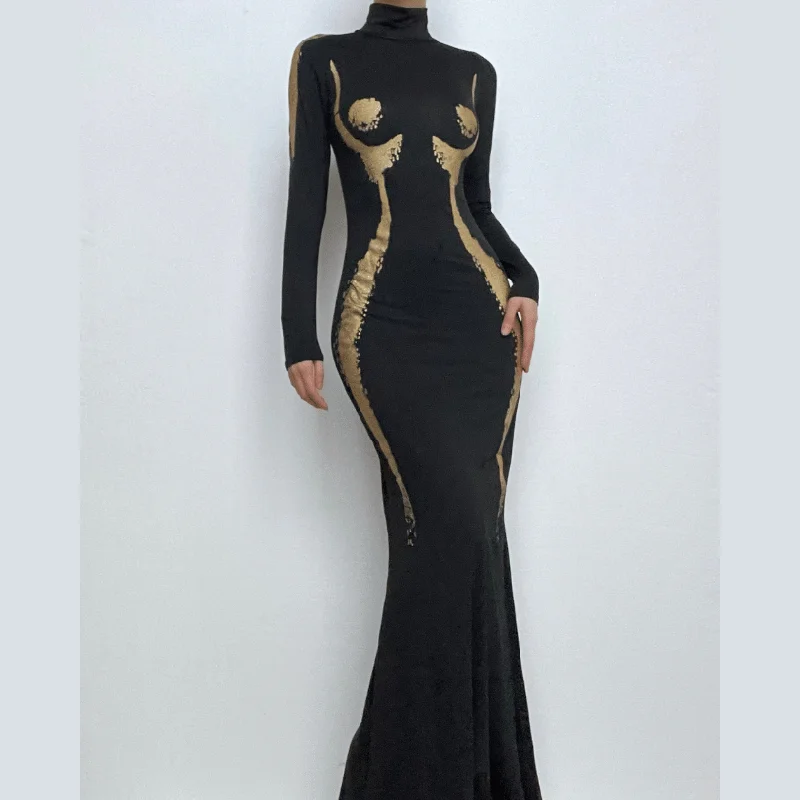High neck long sleeve body print contrast maxi dress Trendy Maxi Dress with Lace