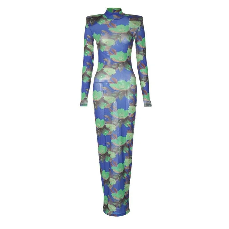High neck padded flower print long sleeve maxi dress Stylish Empire Waist Maxi Dress High neck padded flower print long sleeve maxi dress Stylish Empire Waist Maxi Dress