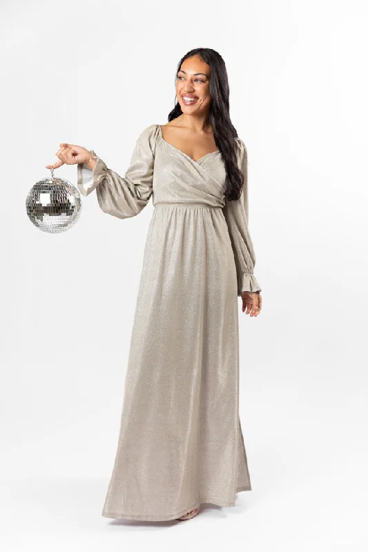 Holiday Magic Silver Shimmer Rouched Maxi Dress Comfortable Satin Maxi Dress