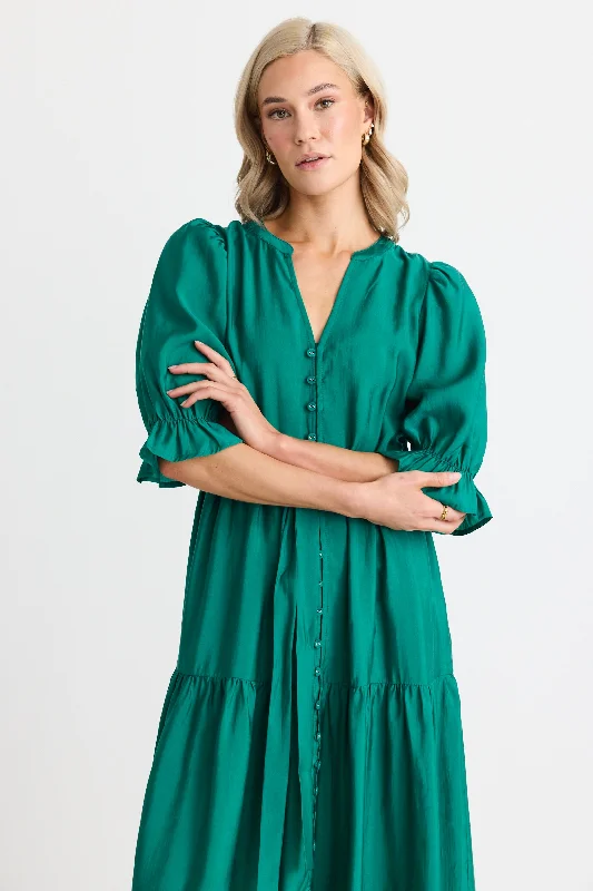 Irresistible Pine SS Button Front Tiered Maxi Dress Comfortable Fitted Maxi Dress