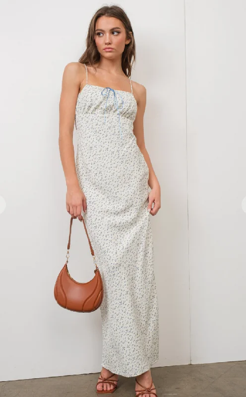 Ivory Floral Print Maxi Dress Fashionable Open-Back Maxi Dress