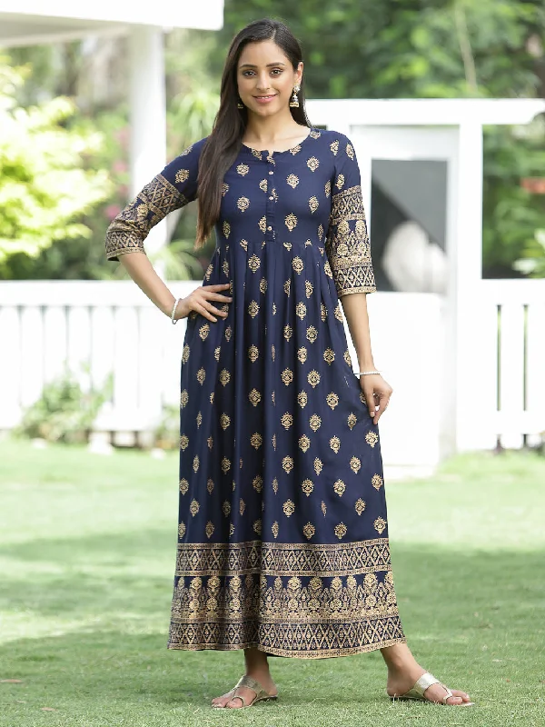 Jashvi Indigo Festive Ethnic Motif Printed Rayon Maxi Dress. Cozy Longline Maxi Dress Jashvi Indigo Festive Ethnic Motif Printed Rayon Maxi Dress. Cozy Longline Maxi Dress