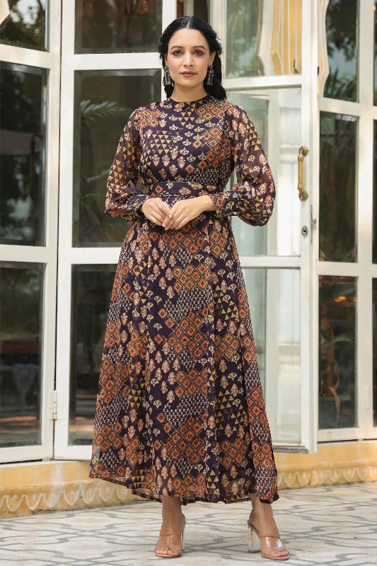 Jashvi Black Ethnic Motif Printed Chiffon Flared Maxi Dress With Buttons. Elegant Lace-Up Maxi Dress