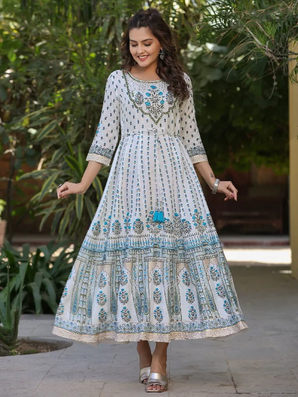 Jashvi Blue Ethnic Motif Printed Flared Shantoon Maxi Dress With Beads & Sequins Work Comfortable Long-Sleeve Maxi Dress