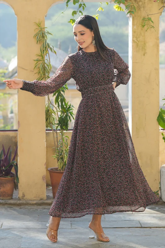 Jashvi Black Floral Printed Chiffon Flared Maxi Dress With Buttons. Elegant Wraparound Maxi Dress Jashvi Black Floral Printed Chiffon Flared Maxi Dress With Buttons. Elegant Wraparound Maxi Dress