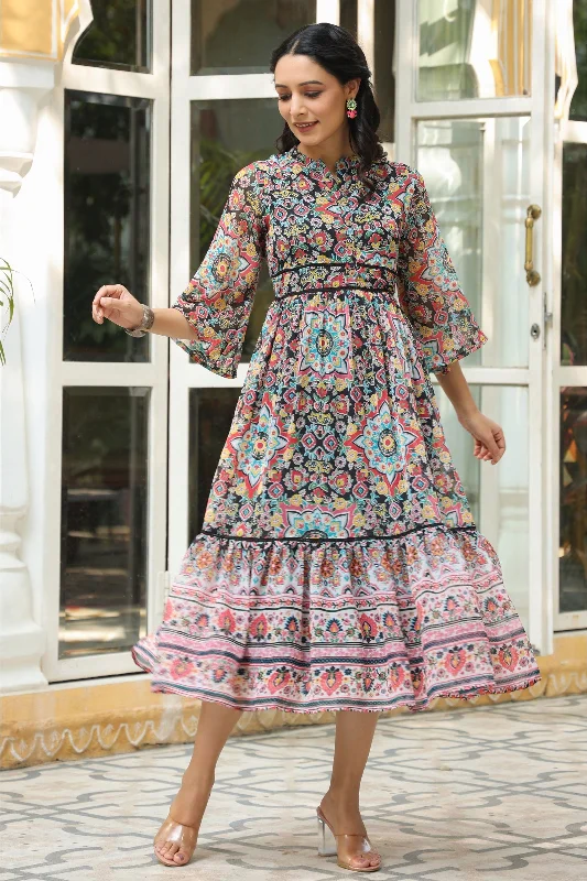 Jashvi Black Geometric Printed Chiffon Tiered Maxi Dress With Buttons. Comfortable Satin Maxi Dress Jashvi Black Geometric Printed Chiffon Tiered Maxi Dress With Buttons. Comfortable Satin Maxi Dress
