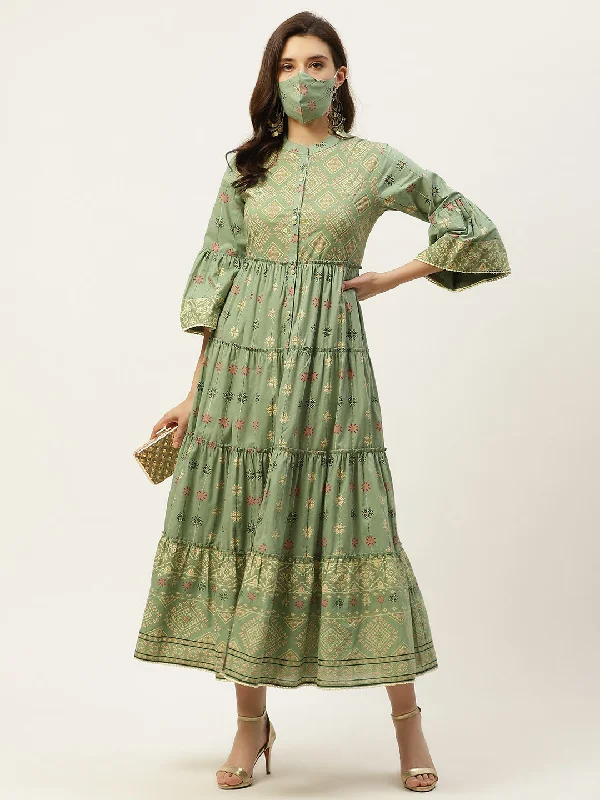 Jashvi Pista Green Geometric Printed Pure Cotton Tiered Maxi Dress. Cozy Knit Maxi Dress Jashvi Pista Green Geometric Printed Pure Cotton Tiered Maxi Dress. Cozy Knit Maxi Dress
