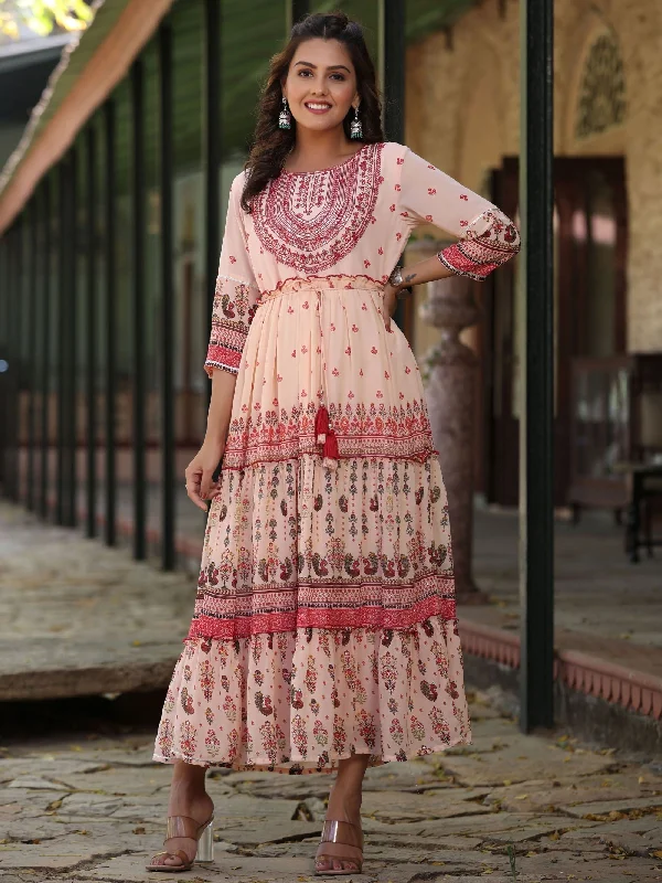 Jashvi Peach Ethnic Motif Printed Georgette Tiered Maxi Dress With Thread Embroidery Cozy Open-Back Maxi Dress Jashvi Peach Ethnic Motif Printed Georgette Tiered Maxi Dress With Thread Embroidery Cozy Open-Back Maxi Dress