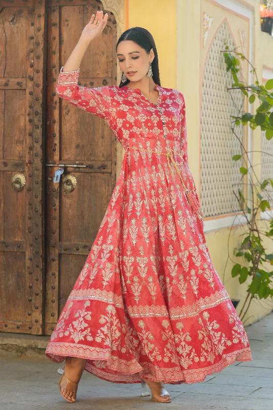 Jashvi Peach Floral Printed Rayon Flared Maxi Dress. Classic A-Line Maxi Dress