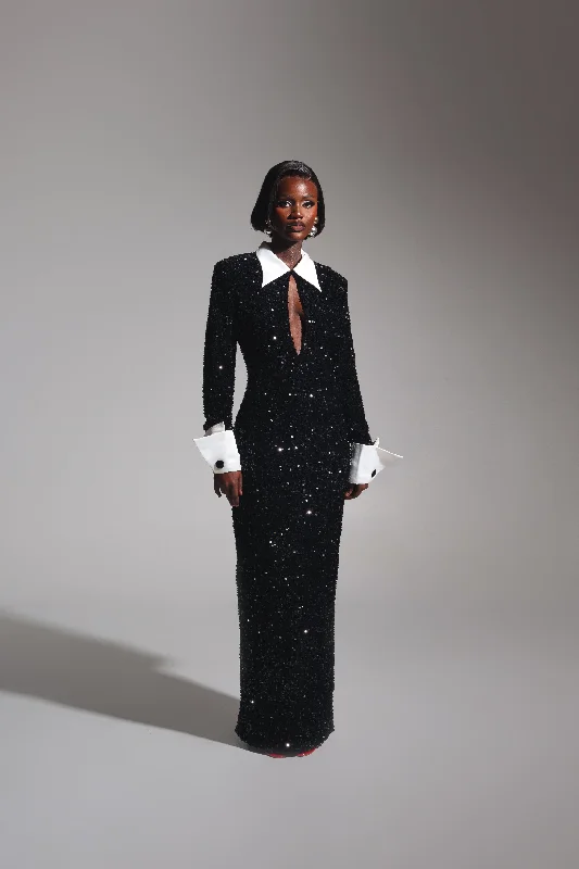 KALI Keyhole Sequin Maxi Dress in ONYX Trendy Fit-and-Flare Maxi Dress