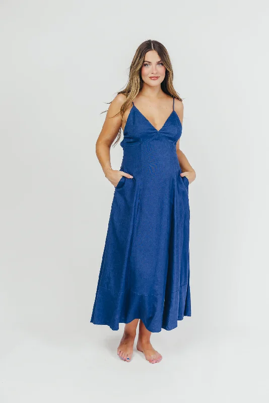 Ivy Linen-Blend Open Back Maxi Dress in Denim Blue Elegant Floral Maxi Dress