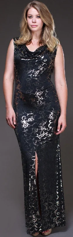 Long Black/Gold Foil Design Plus Size Maxi Dress Front Slit Cowl Cozy Knitted Maxi Dress Long Black/Gold Foil Design Plus Size Maxi Dress Front Slit Cowl Cozy Knitted Maxi Dress