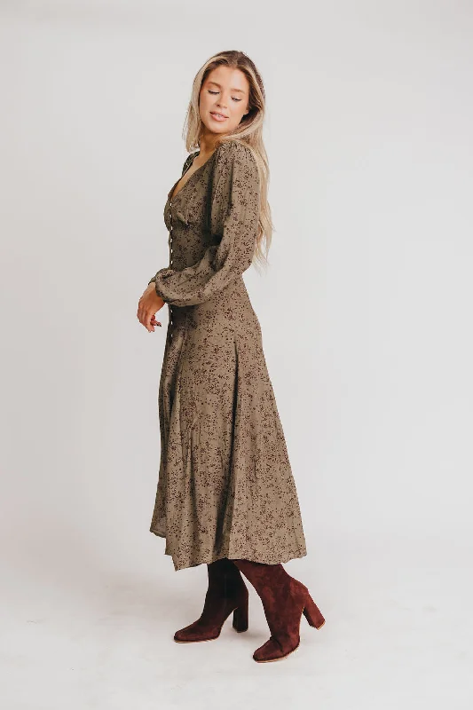 Brandi Long-Sleeve Button-Up Maxi Dress in Olive Floral Comfortable T-Shirt Maxi Dress Brandi Long-Sleeve Button-Up Maxi Dress in Olive Floral Comfortable T-Shirt Maxi Dress