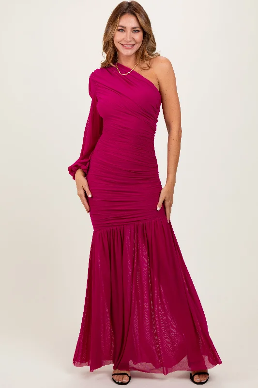 Magenta Ruched Mesh One Shoulder Asymmetric Maxi Dress Comfortable Ruffle Hem Maxi Dress Magenta Ruched Mesh One Shoulder Asymmetric Maxi Dress Comfortable Ruffle Hem Maxi Dress