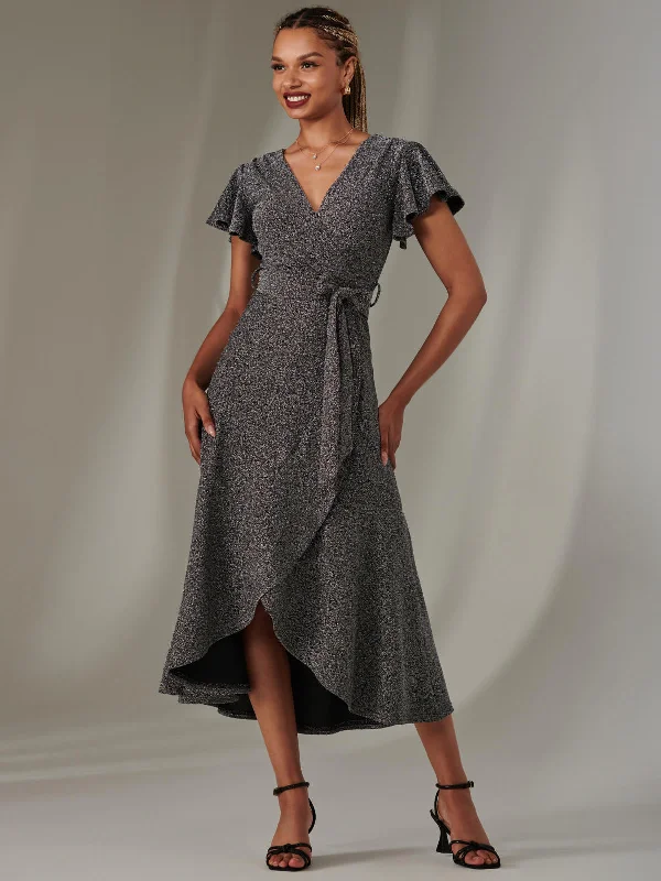 Marlie Metallic Angel Sleeve Maxi Dress, Black-Silver Cozy Ribbed Maxi Dress