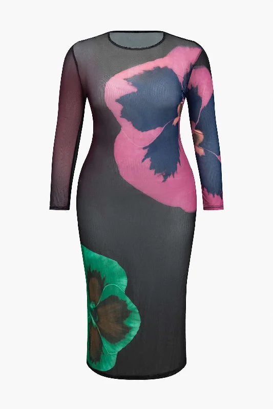 Plus Size Floral Print Mesh Maxi Dress Fashionable Halter Neck Maxi Dress