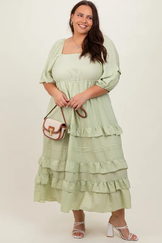Mint Green Square Neck Ruffle Tiered Plus Maxi Dress Stylish V-Neck Maxi Dress