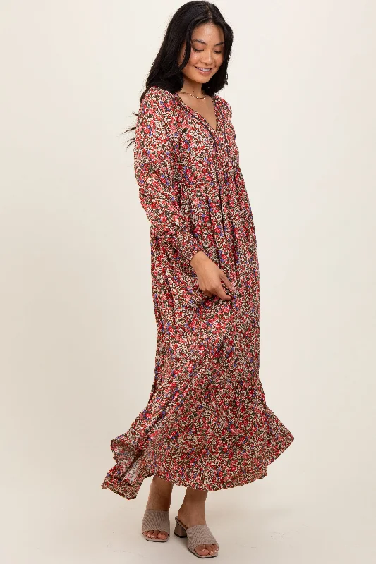 Mocha Floral V-Neck Bubble Sleeve Maxi Dress Comfortable Ruffle Maxi Dress