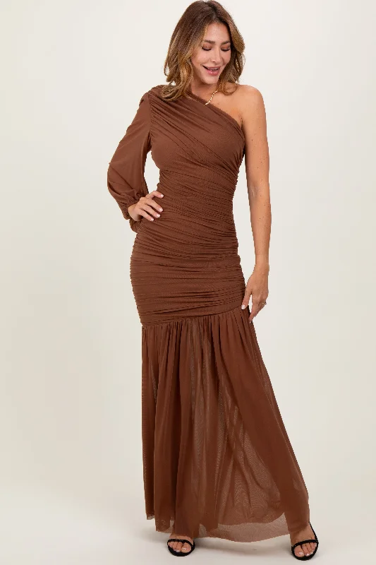 Mocha Ruched Mesh One Shoulder Asymmetric Maxi Dress Classic V-Neck Maxi Dress