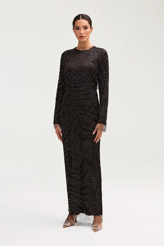 Naila Satin Crystal Maxi Dress - Black Stylish Boho Chic Maxi Dress