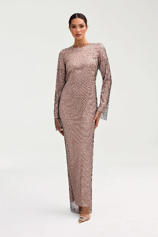Naila Satin Crystal Maxi Dress - Pink Jasmine Elegant Maxi Dress with Drapes