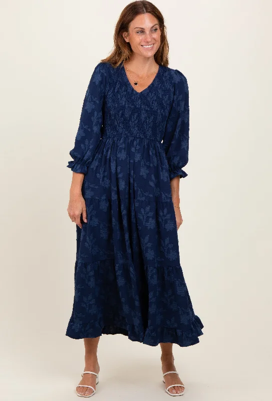 Navy Floral Smocked V-Neck Maxi Dress Classic Tulle Maxi Dress