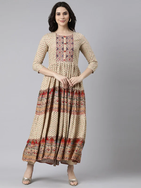 Neerus Beige Flared Casual Polka Dots Maxi Dresses Trendy Floral Print Maxi Dress