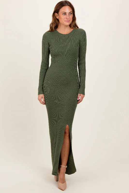 Olive Ribbed Knit Long Sleeve Side Slit Maxi Dress Comfortable Bohemian Maxi Dress