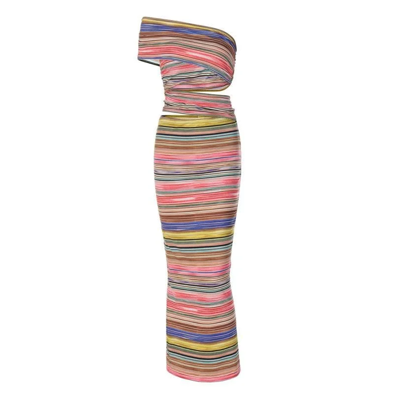 One shoulder contrast striped hollow out slit cut out maxi dress Fashionable Printed Maxi Dress