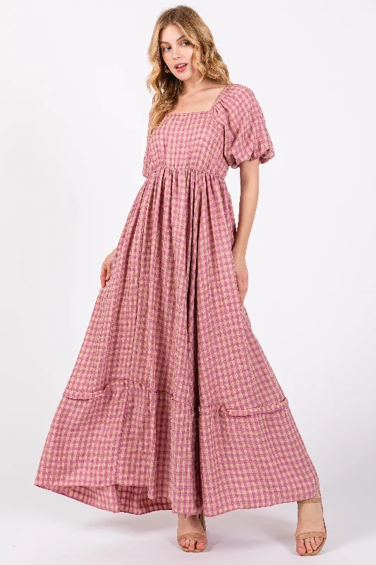 Pink Plaid Puff Sleeve Maxi Dress Stylish Button-Up Maxi Dress