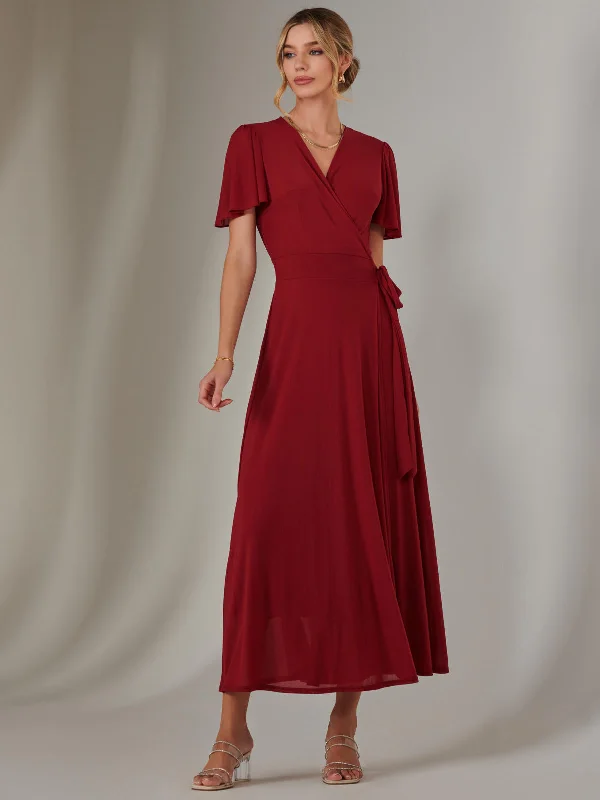 Plain Angel Sleeve Wrapped Maxi Dress, Brick Red Stylish Maxi Dress with Pleats