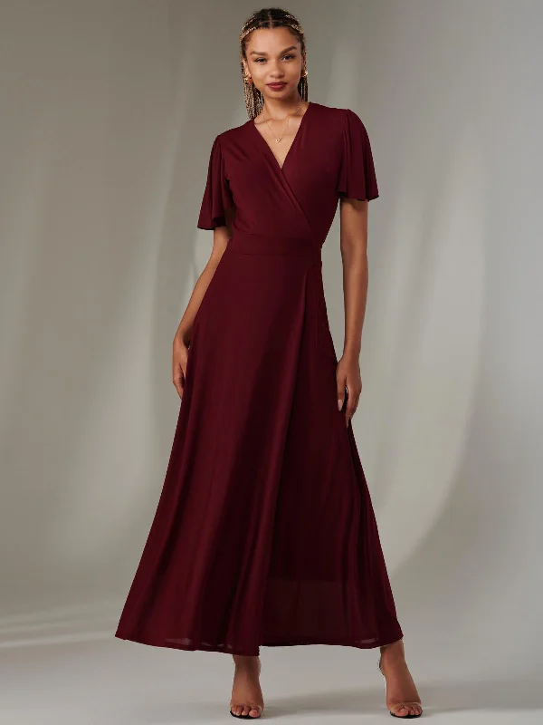 Plain Angel Sleeve Wrapped Maxi Dress, Burgundy Trendy Maxi Dress with Belt