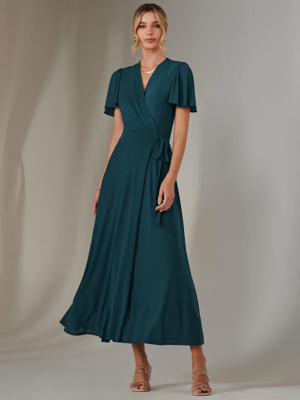 Plain Angel Sleeve Wrapped Maxi Dress, Dark Teal Stylish Pleated A-Line Maxi Dress