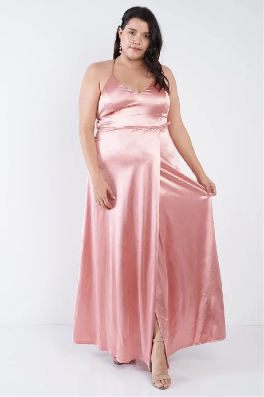 Plus Size Satin Open Criss Cross Back Maxi Dress /2-2-2 Stylish V-Neck Maxi Dress