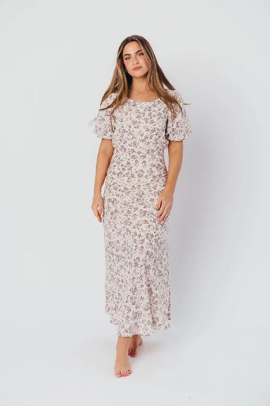 Lucia Bias-Cut Maxi Dress with Puffed Sleeves in Lilac Cream Comfortable Cotton Maxi Dress Lucia Bias-Cut Maxi Dress with Puffed Sleeves in Lilac Cream Comfortable Cotton Maxi Dress