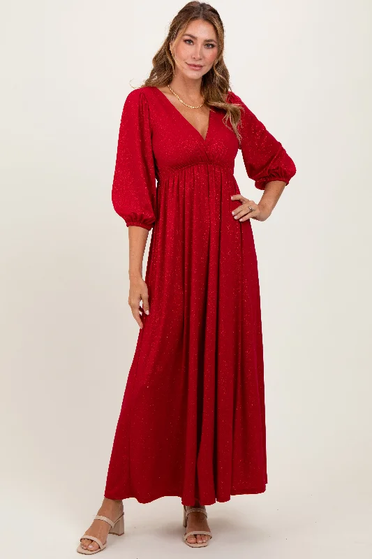 Red Glitter V-Neck Maxi Dress Comfortable Plunging Neckline Maxi Dress