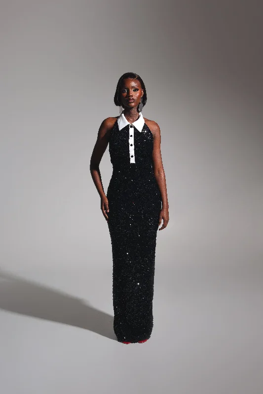 RIA Halter Sequin Maxi Dress in ONYX Elegant Lace Maxi Dress