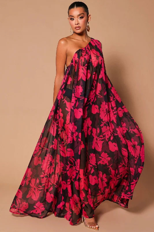 Rosalia Chiffon Maxi Dress - Black/Pink Fashionable Off-Shoulder Maxi Dress