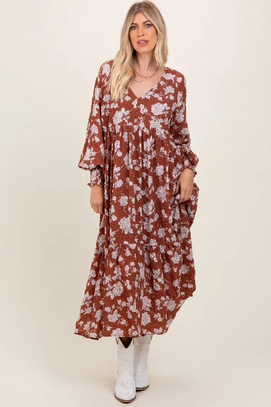 Rust Floral Textured Bubble Sleeve Maxi Dress Comfortable Ruffle Hem Maxi Dress