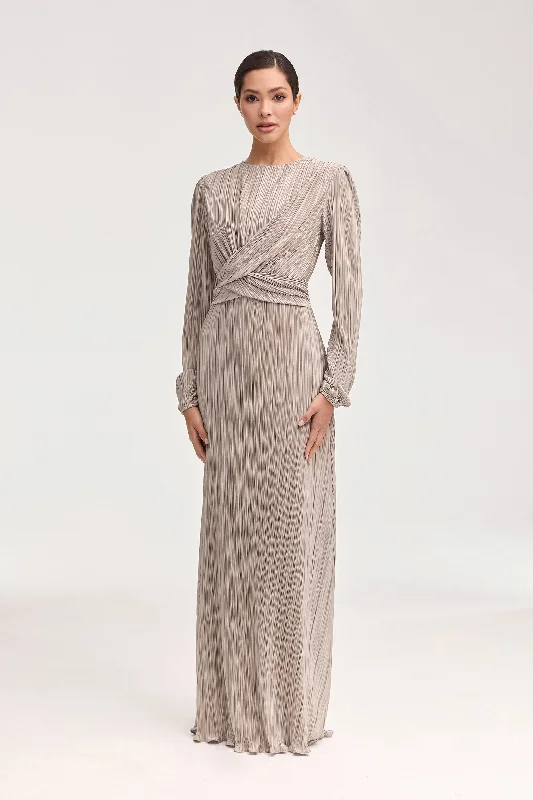 Samara Satin Plisse Wrap Waist Maxi Dress - Taupe Chic Boho Print Maxi Dress
