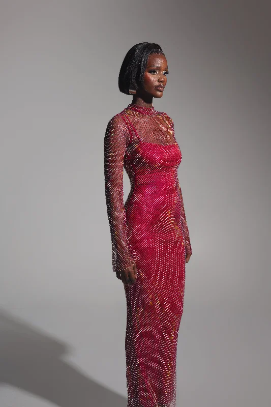 SASHA Rhinestone Maxi Dress in Burgundy Cozy Ruffle Sleeve Maxi Dress
