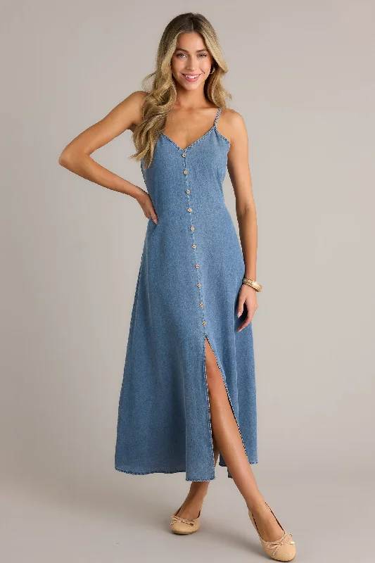 Secret Crush Light Chambray Maxi Dress Stylish Off-Shoulder Maxi Dress