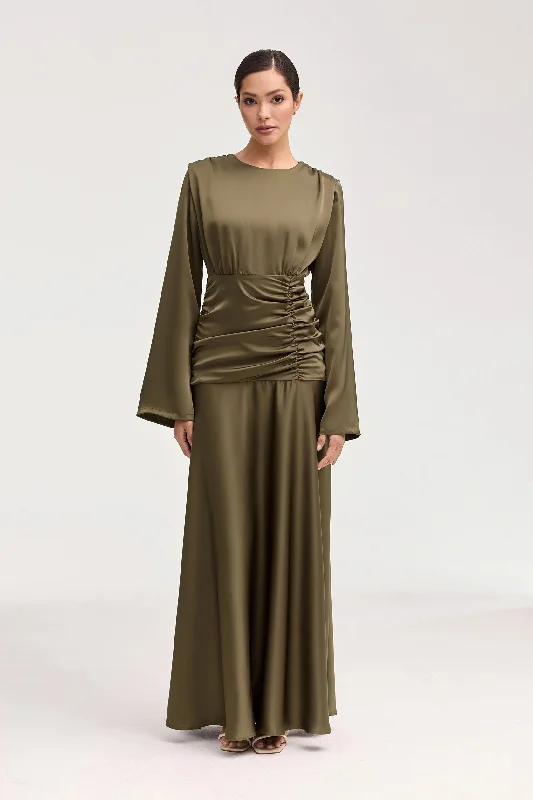 Shams Satin Side Rouched Maxi Dress - Olive Comfortable Maxi Dress with Belt