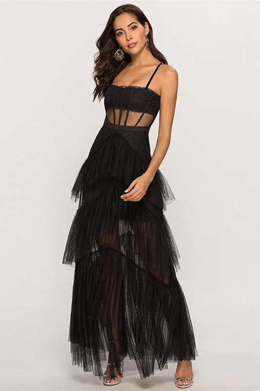 Straps Black Tulle Ruffled Long Maxi Dress Comfortable Ruffle Hem Maxi Dress