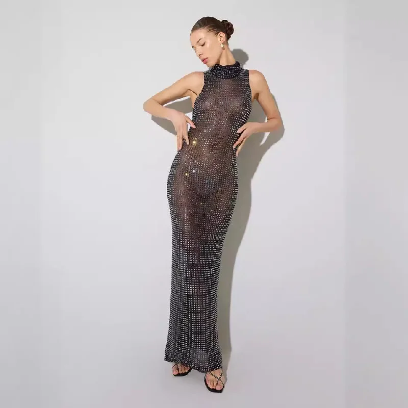 Summer Sexy Sheer Cutout Mesh Rhinestone Sleeveless Maxi Dress Women Classic V-Neck Maxi Dress