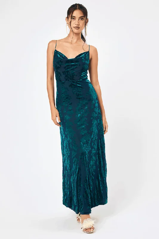 Teal Jacquard Cowl Neck Maxi Dress Fashionable Layered Maxi Dress