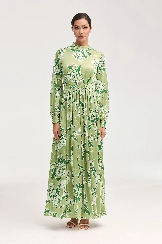 Tuleen Satin Floral Maxi Dress Comfortable Maxi Dress with Sleeves