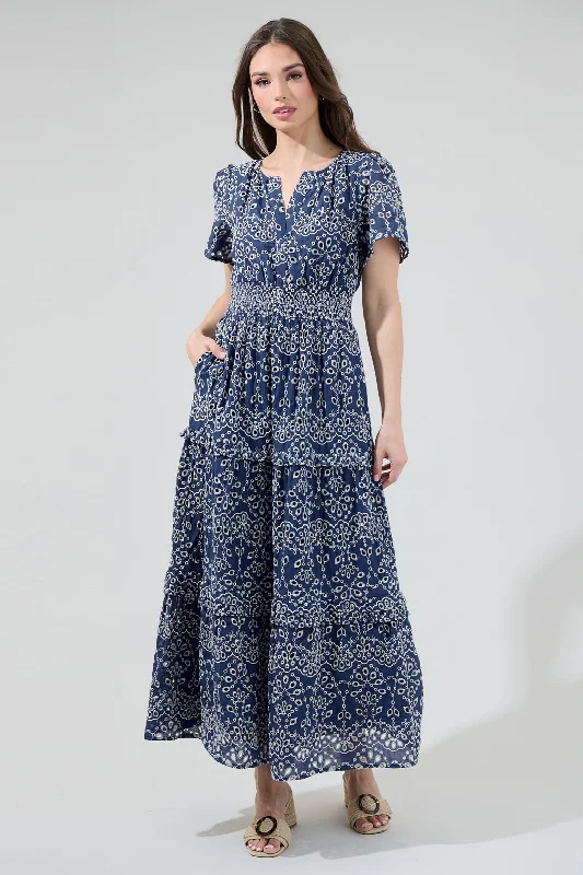 Viridiana Floral Eyelet Palmer Tiered Maxi Dress Cozy Maxi Dress with Slit